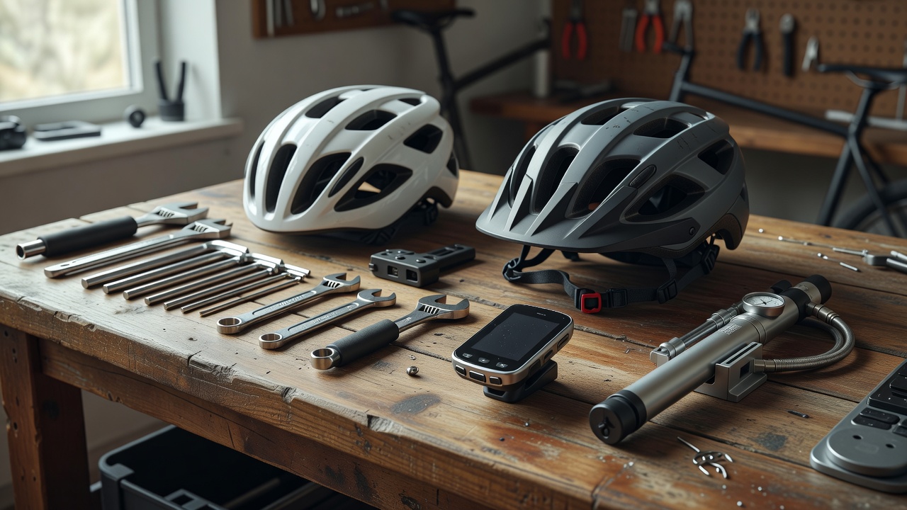 Bicycle tools, helmets, GPS computer and mini pump neatly laid out on a workshop bench