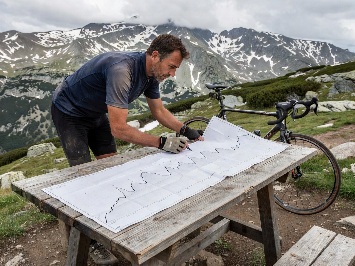 Cyclist reviewing a paper elevation profile map on a wooden alpine pass table