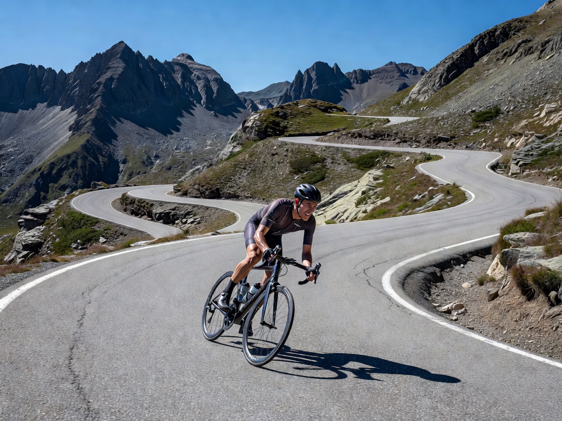 Cyclist tackling high alpine hairpin turns on a paved mountain pass