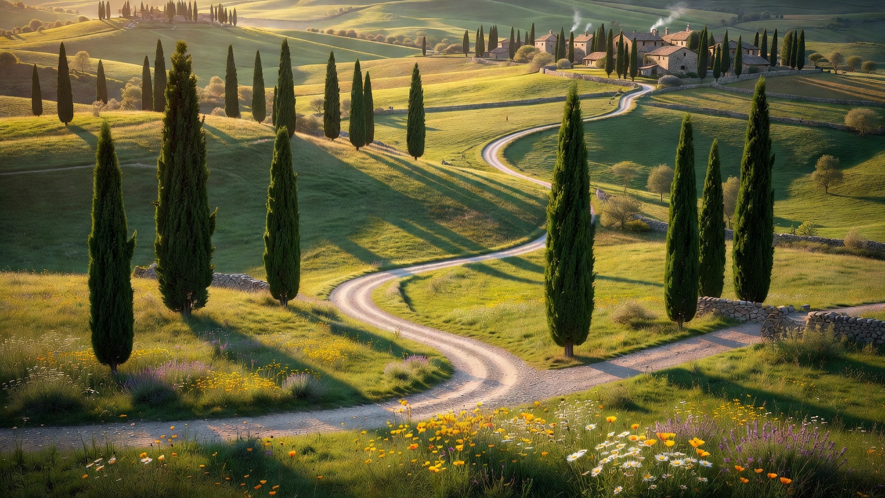 Cypress trees and rolling gravel roads in the sunlit European countryside