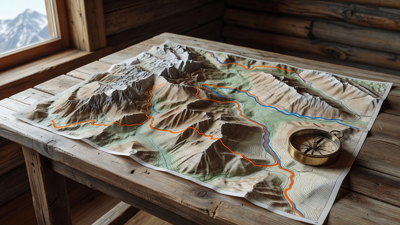 Detailed topographical map with GPX route lines and a compass on an alpine wooden table