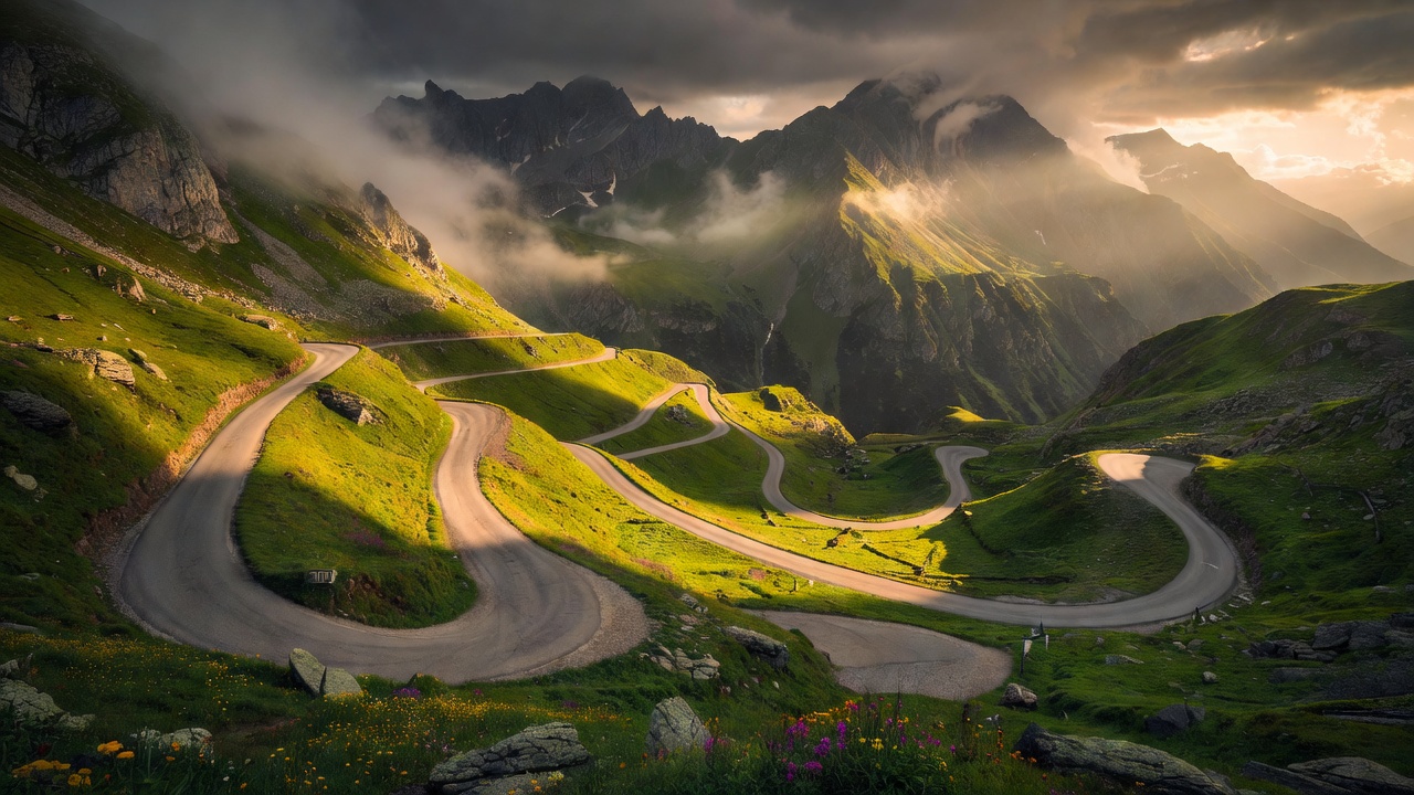 Dramatic mountain pass with multiple hairpin curves cutting through green alpine meadows