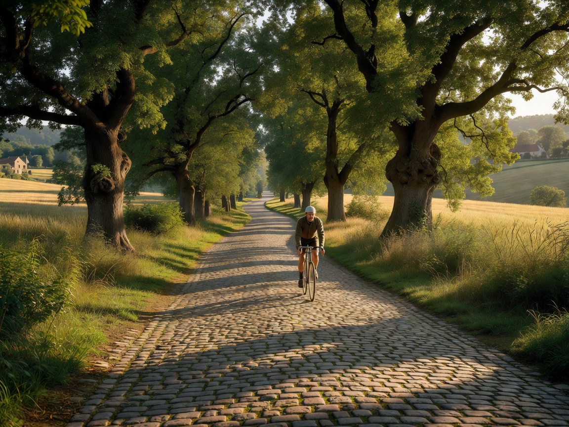 Historic cobblestone cycling road lined with European countryside trees