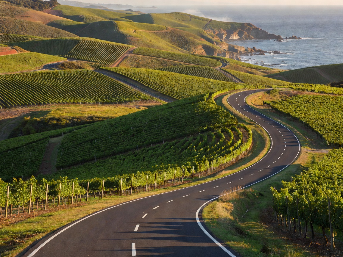 Rolling hills with vineyards and smooth coastal cycling tarmac