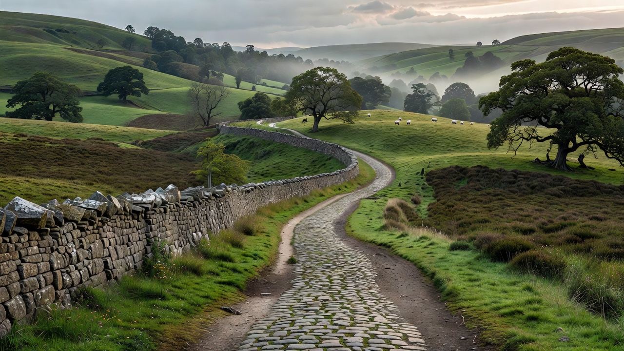 Scenic European country lane winding past old stone wall and green hills