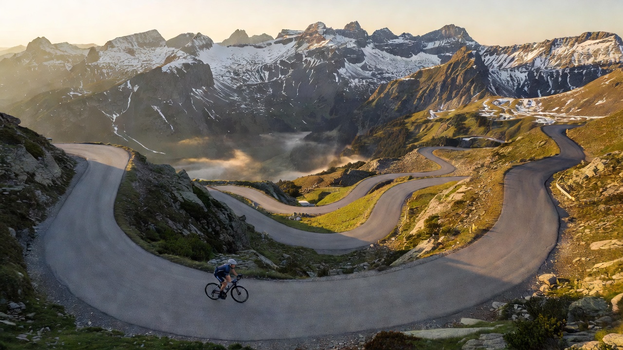 Scenic high alpine cycling road with hairpin bends in the morning light