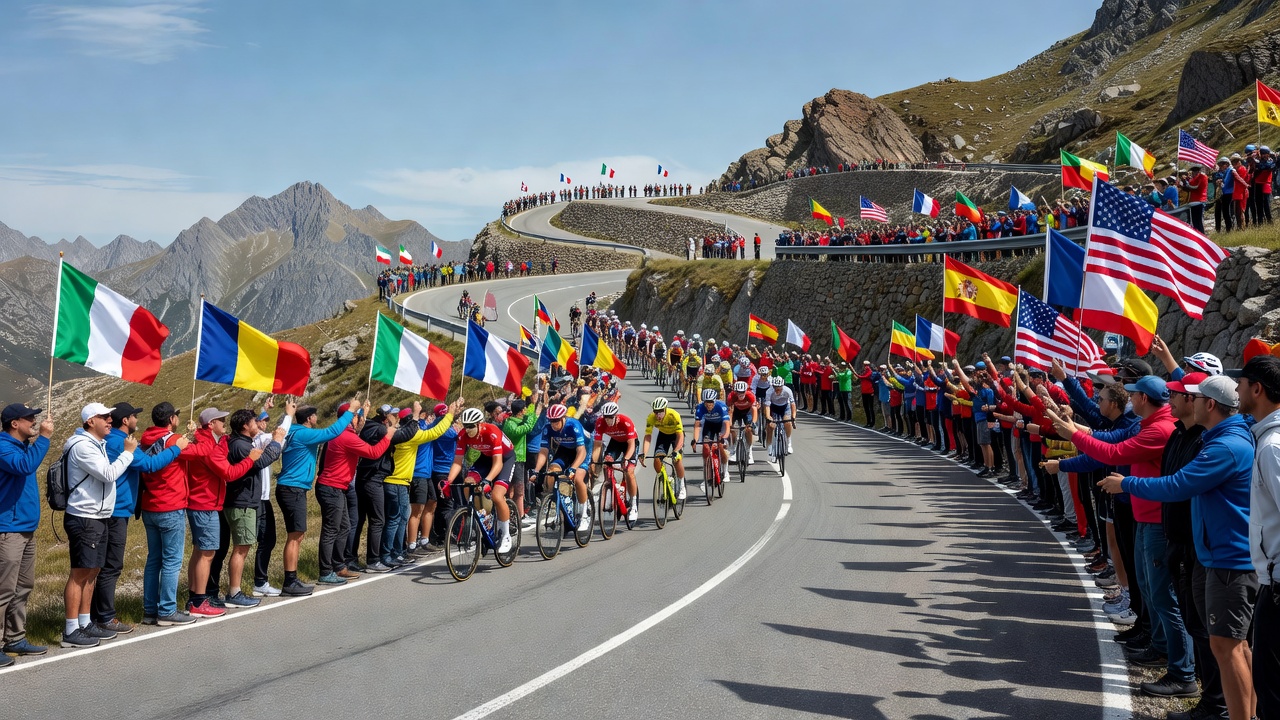 Spectators waving flags along a winding mountain cycling road during a professional race